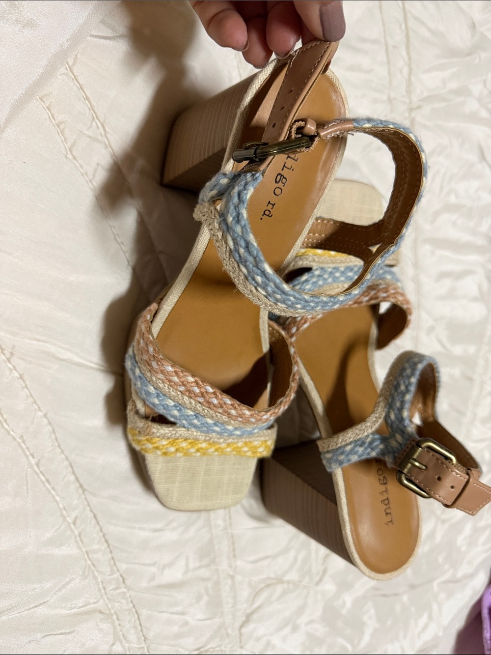 Indigo Braided Multicolor Block Heel Sandals - Blue, Tan, Yellow, Cream